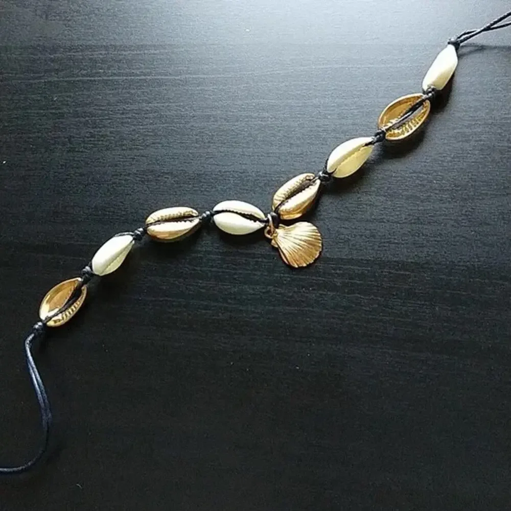6 Seashell Anklet Bracelets OSFA black cord tie closure half shells silver gold - Picture 7 of 8
